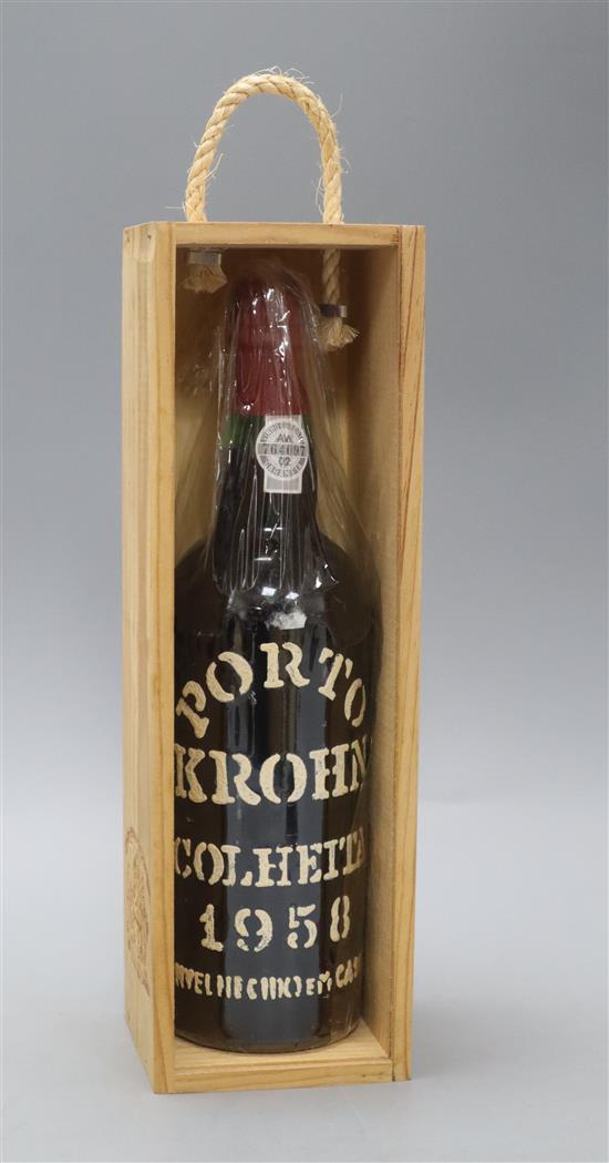A bottle of Port Krohn Colheita 1958 Vintage Port